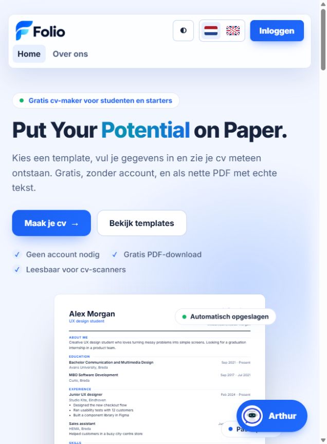 Folio: the live CV builder homepage for students and early-career applicants